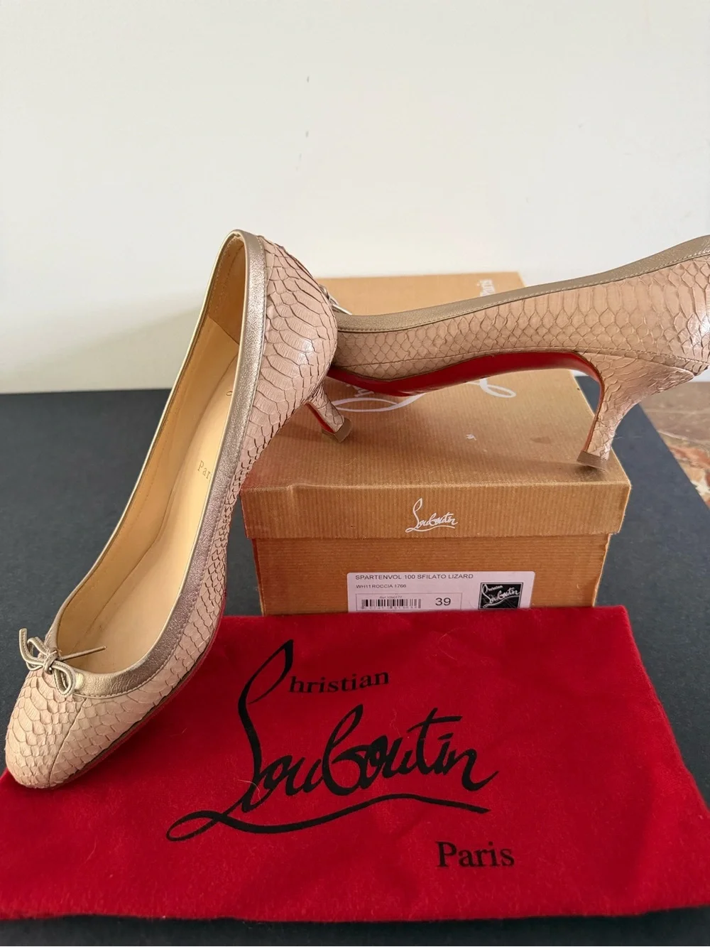 Christian Louboutin Metallic Blush Pink Snake-Embossed Kitten Heels